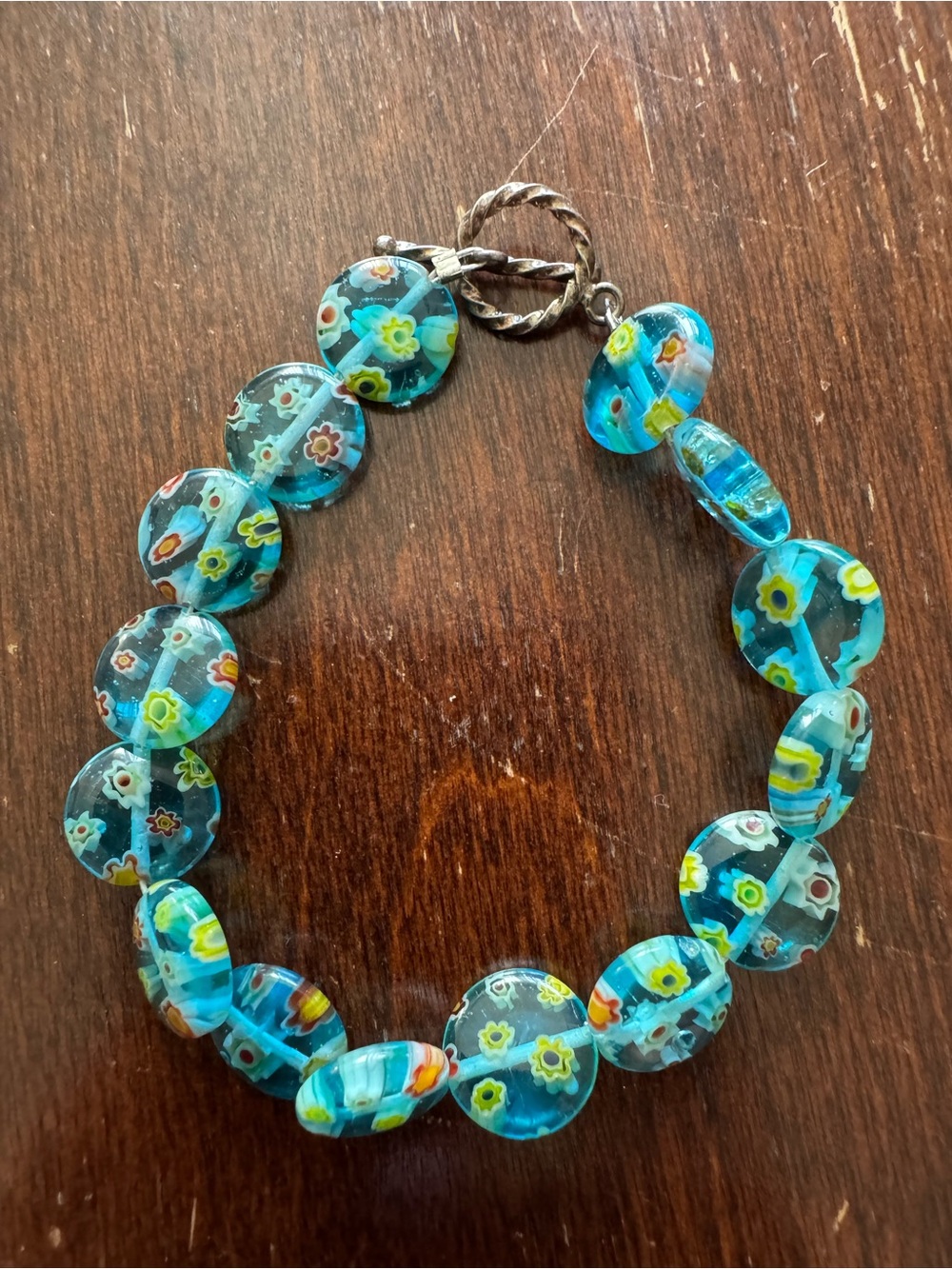 Teal Blue Millefiori Floral Glass Bead Bracelet - Sterling Silver Toggle Clasp